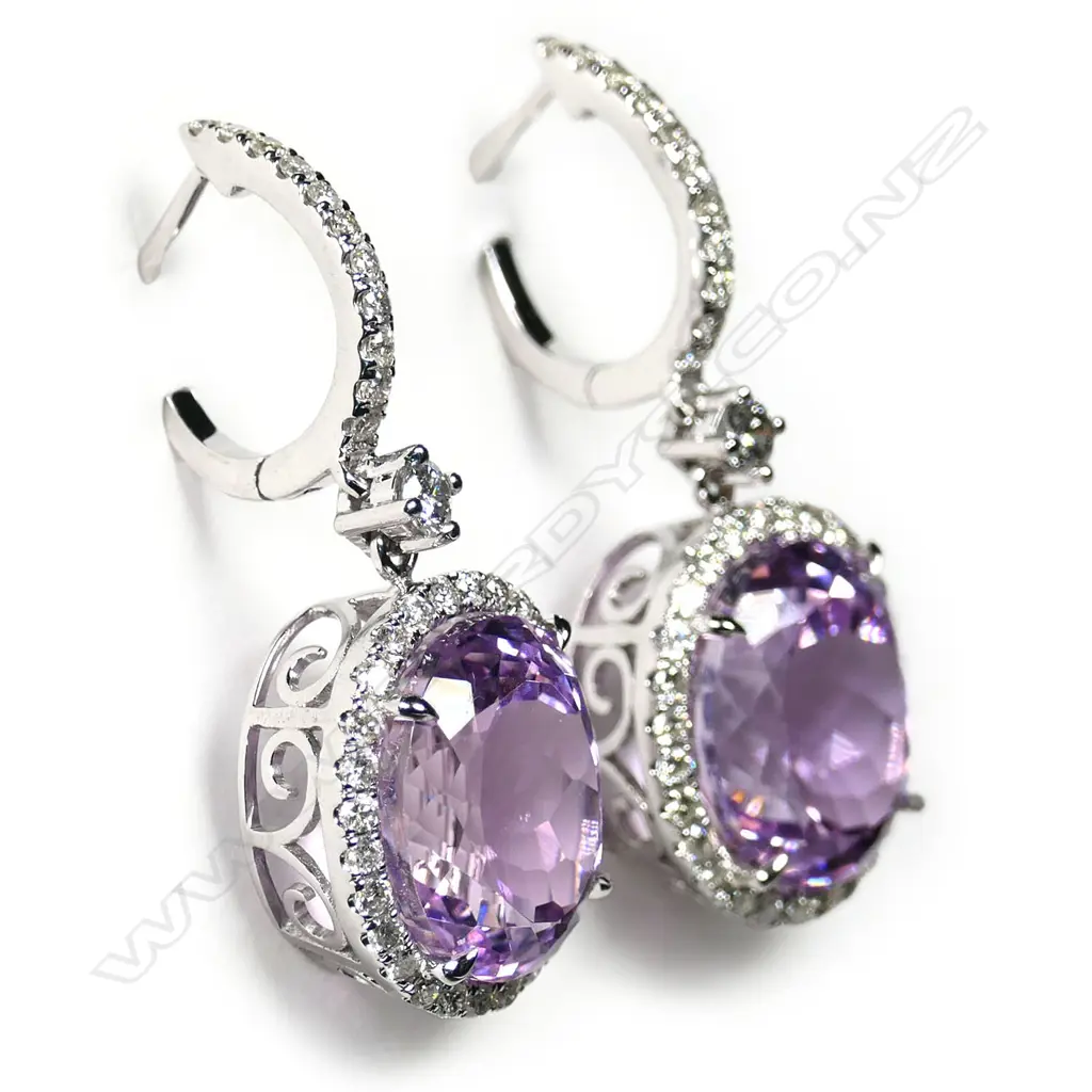 A pair of 14ct white gold, kunzite and diamond halo drop earrings, Image 1++