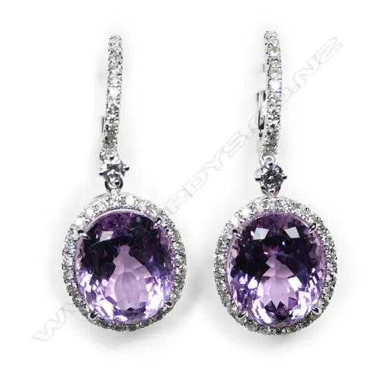 A pair of 14ct white gold, kunzite and diamond halo drop earrings,