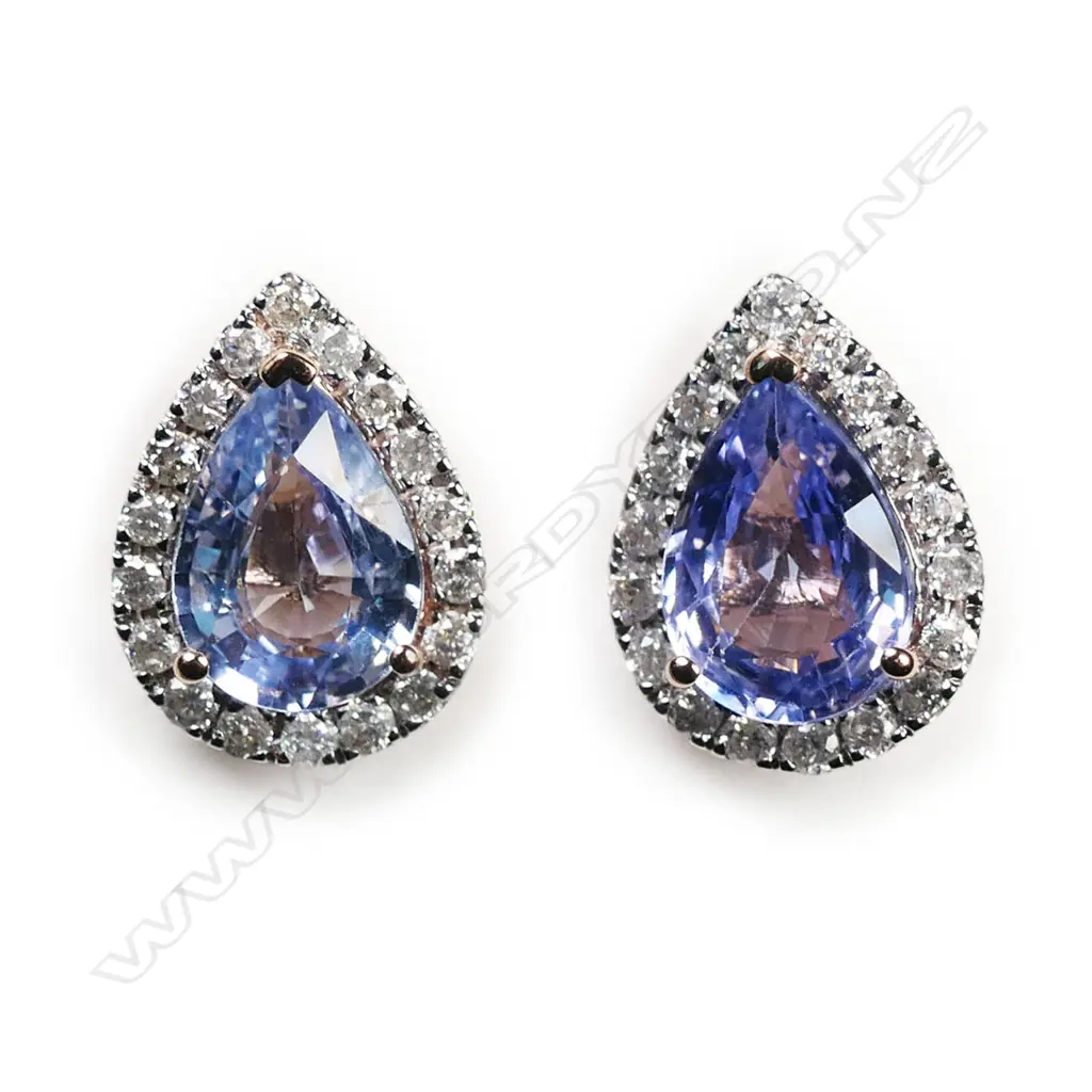 A pair of 14ct rose gold, Ceylon sapphire and diamond stud earrings, Image 1++