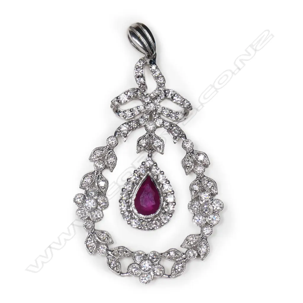 A Belle Époque style 18ct white gold diamond and ruby pendant, Image 1++