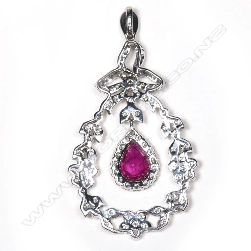A Belle Époque style 18ct white gold diamond and ruby pendant, Image 1++