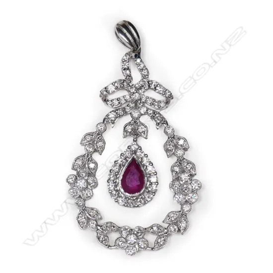 A Belle Époque style 18ct white gold diamond and ruby pendant,