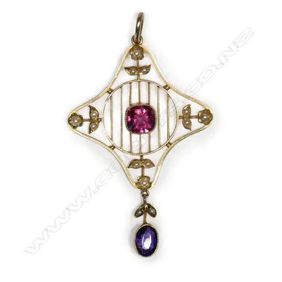 An Edwardian 15ct yellow gold gem and pearl set pendant,