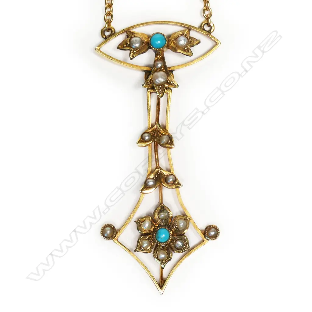 An Edwardian 9ct gold turquoise and seed pearl pendant necklace, Image 1++