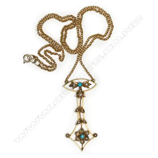 An Edwardian 9ct gold turquoise and seed pearl pendant necklace,