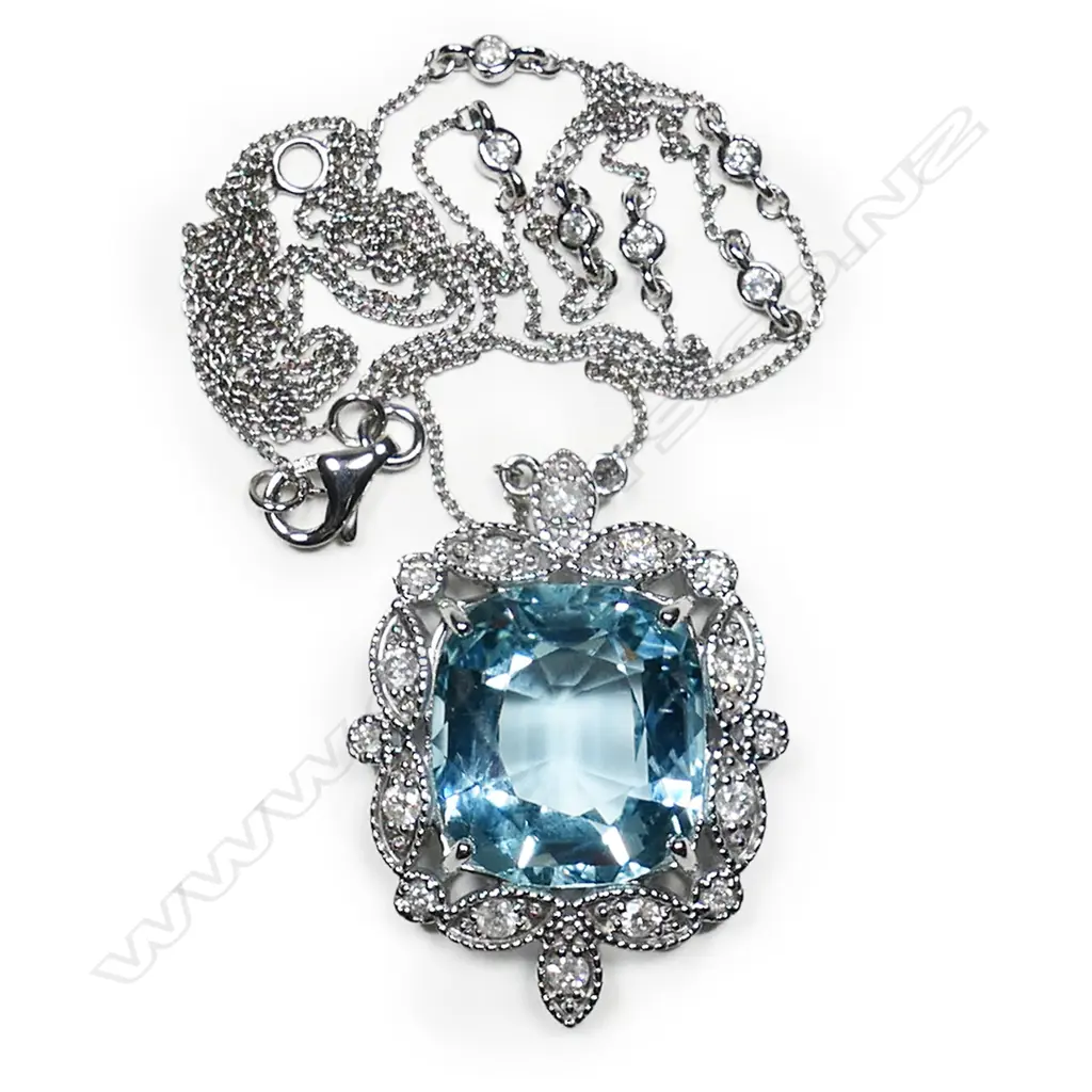 A 14ct white gold, aquamarine and diamond antique style necklace, Image 1++