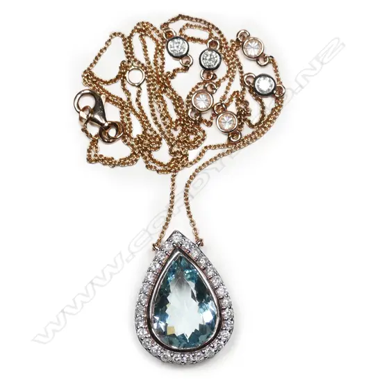 A 14ct rose gold, aquamarine and diamond necklace,