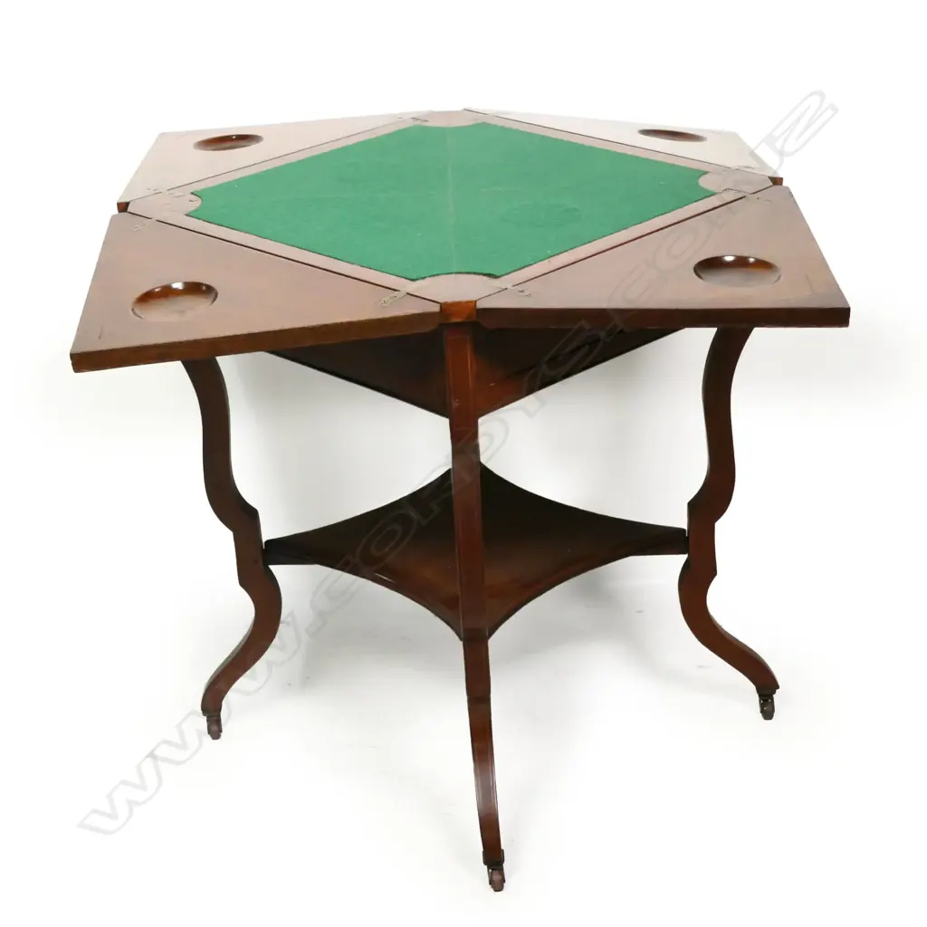 An Edwardian inlaid walnut Sheraton Revival card table, Image 1++