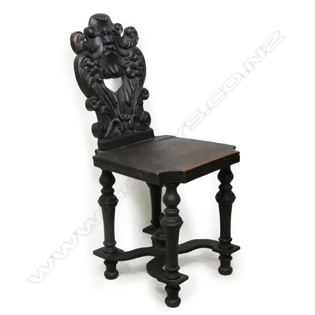 A 19thC European ebonised Gothic hall chair, Image 1++