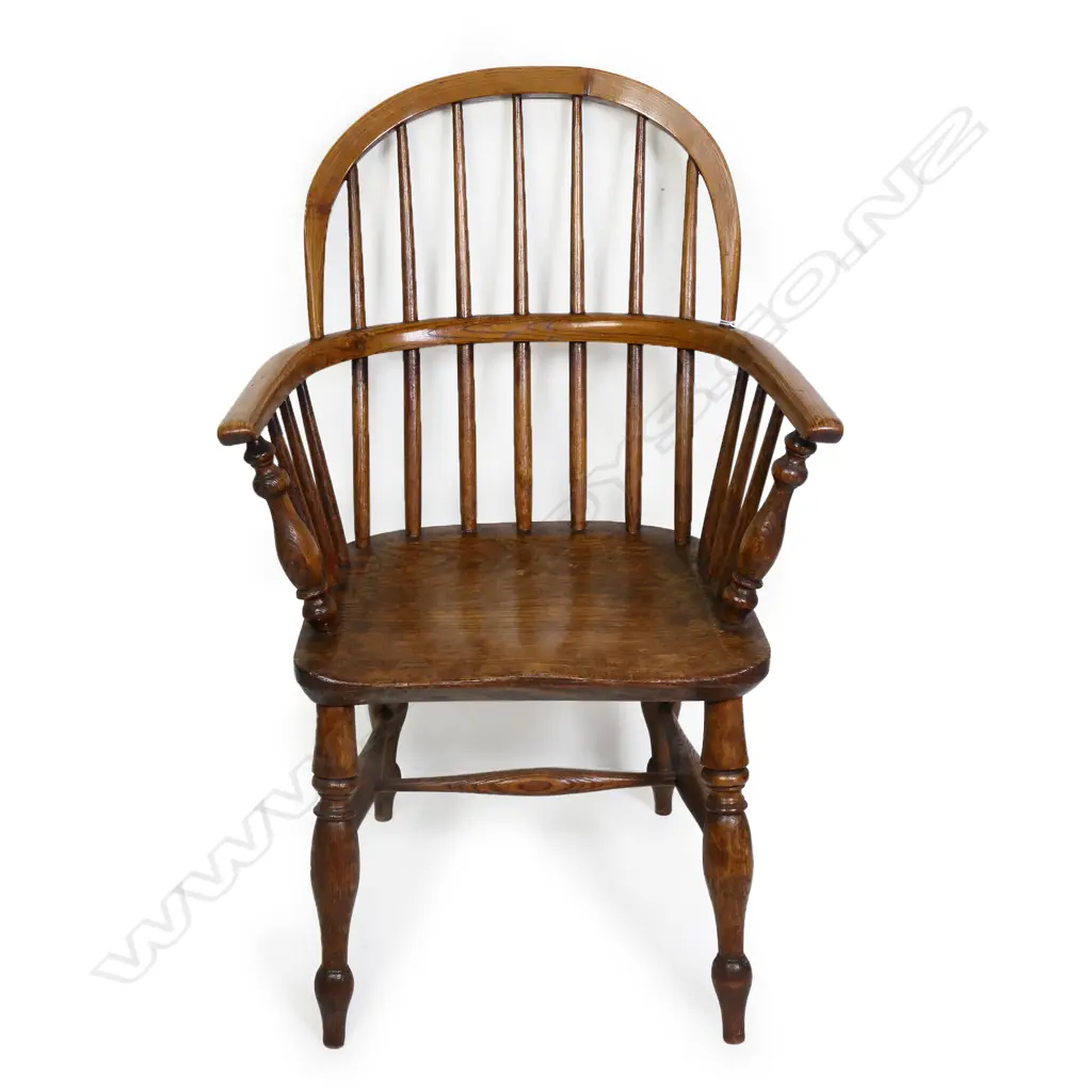 An unusual small proportion 19thC elm hoop back Windsor armchair, Image 1++