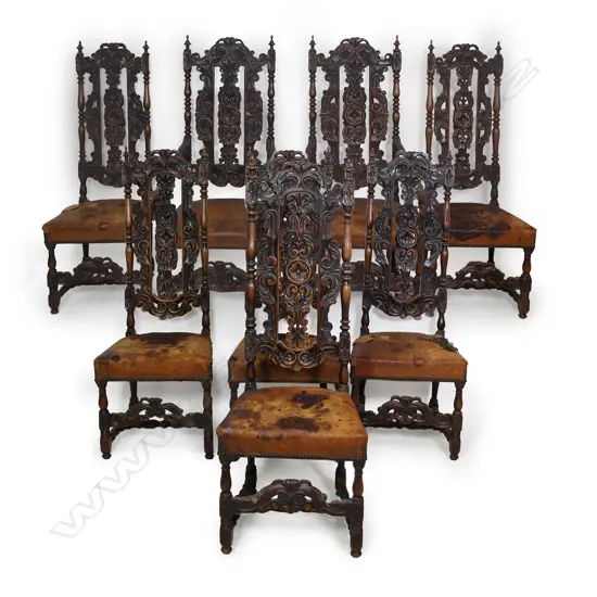 An uncommon and impressive set of eight 19thC Charles II style dining chairs,