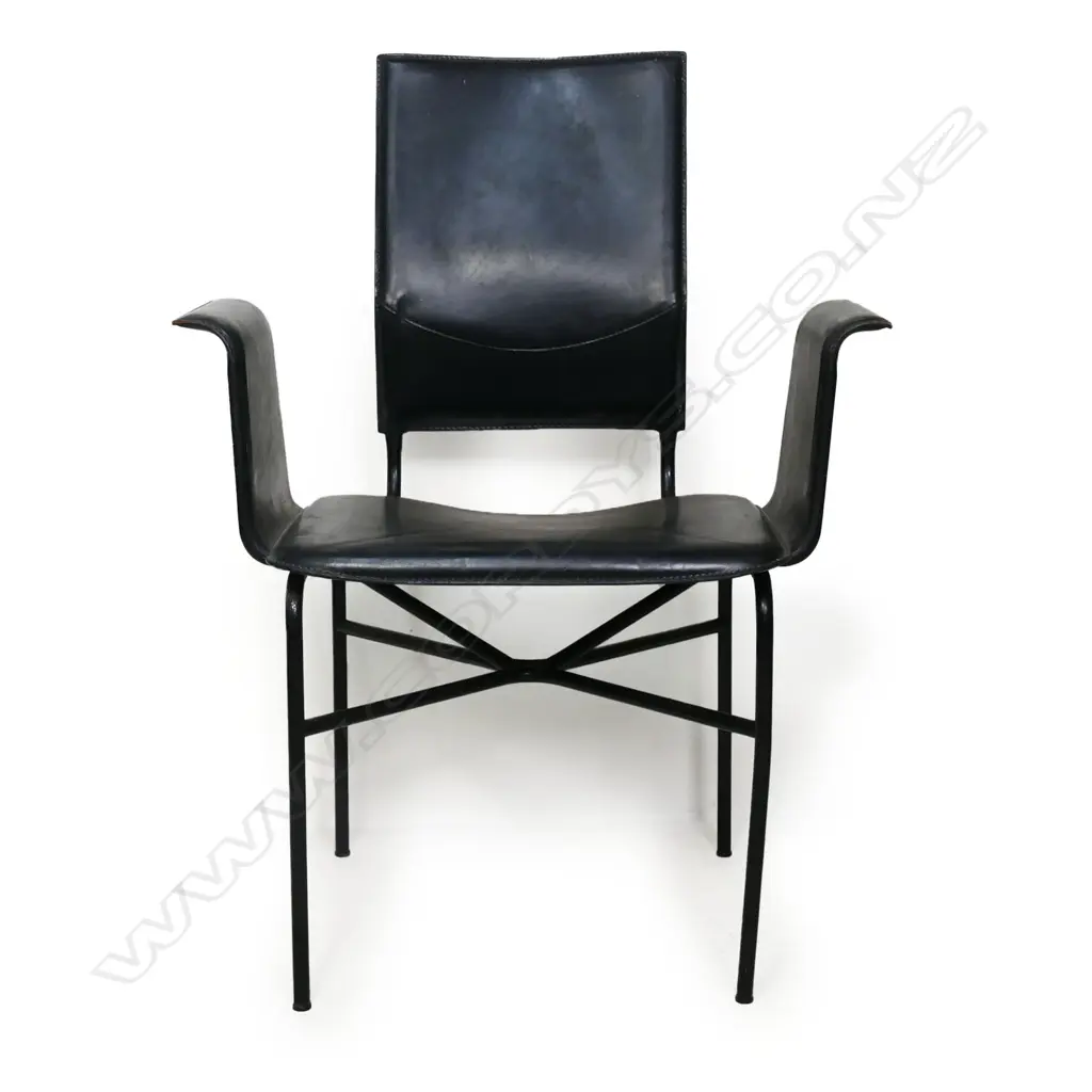A set of ten vintage Matteo Grassi designer black leather and metal dining chairs, Image 1++