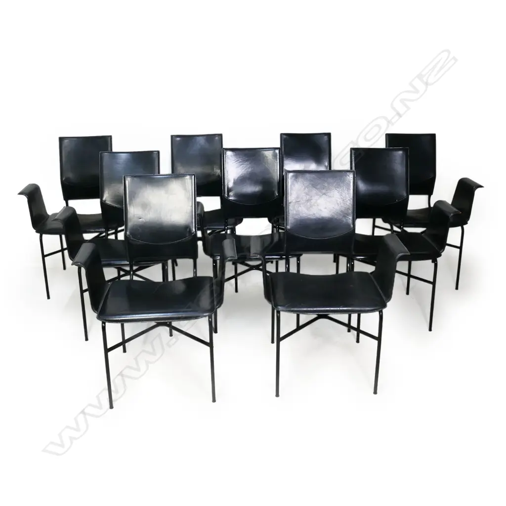 A set of ten vintage Matteo Grassi designer black leather and metal dining chairs, Image 1++