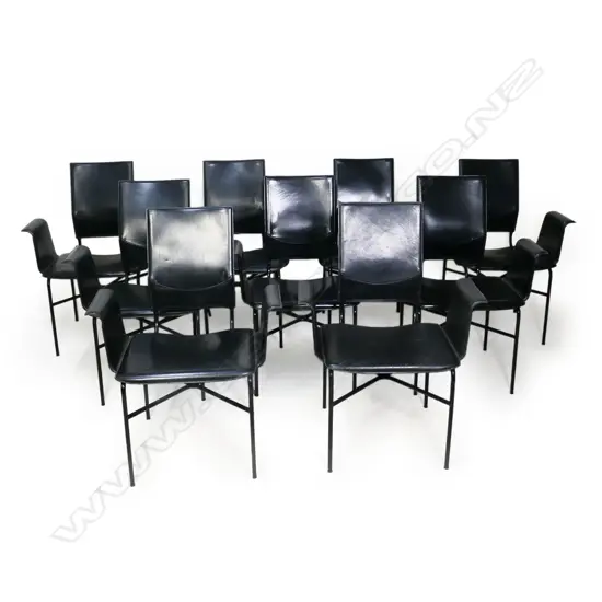 A set of ten vintage Matteo Grassi designer black leather and metal dining chairs,