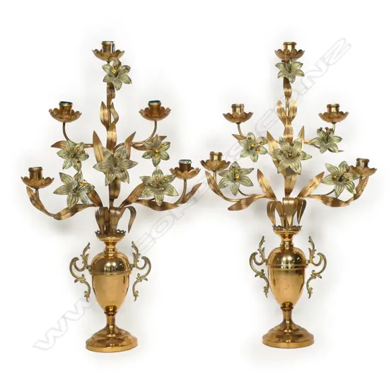 A pair of French gilt brass ecclesiastical candelabra,