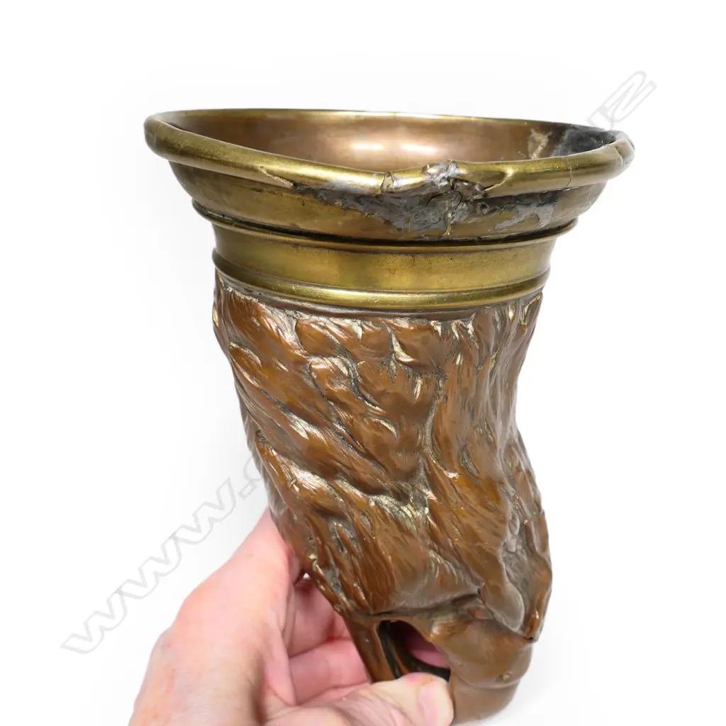 A large copper and brass eagle's head stirrup cup, Image 1++