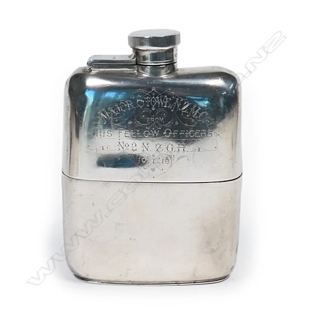 A sterling silver hip flask with presentation inscription to 'Major Stowe NZMC*, Image 1++