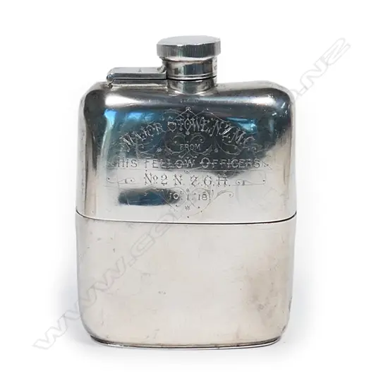 A sterling silver hip flask with presentation inscription to 'Major Stowe NZMC*,