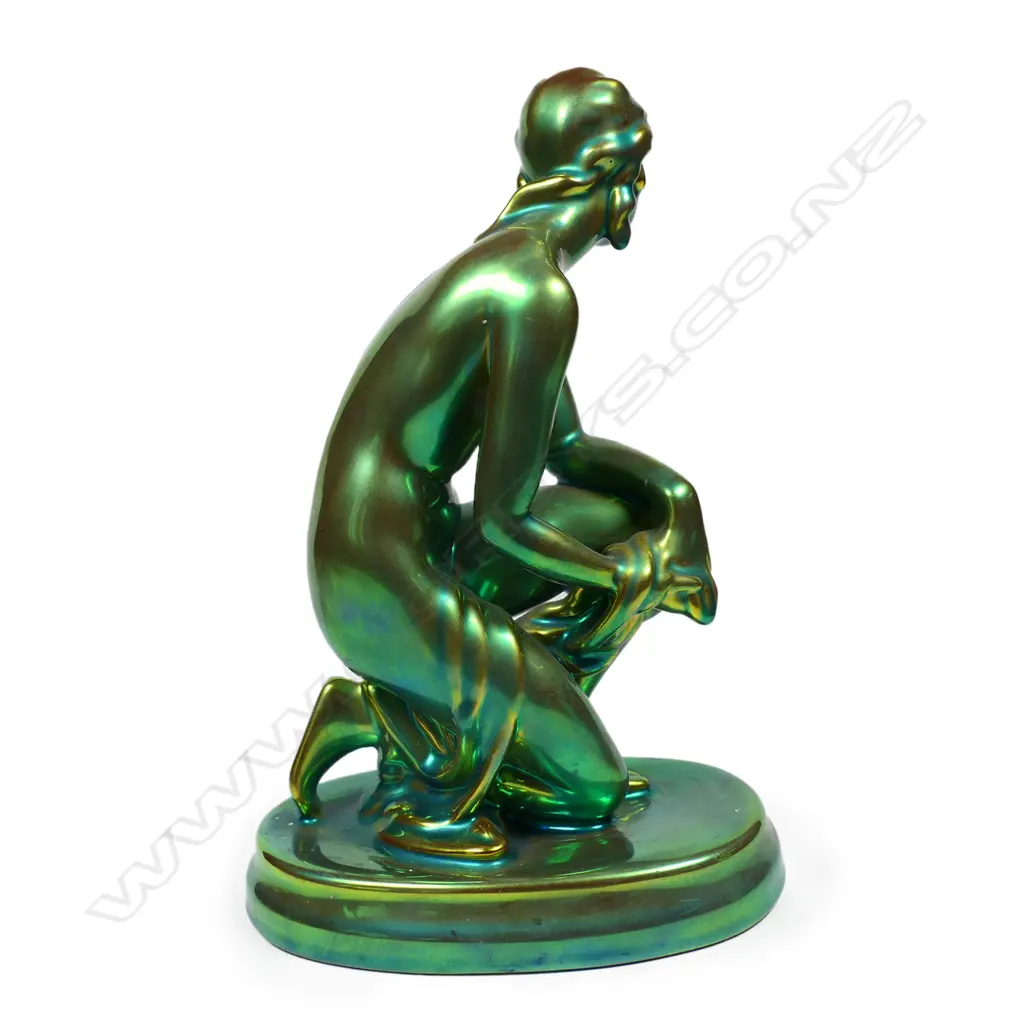 A Hungarian Zsolnay iridescent green glazed naked woman figure, Image 1++