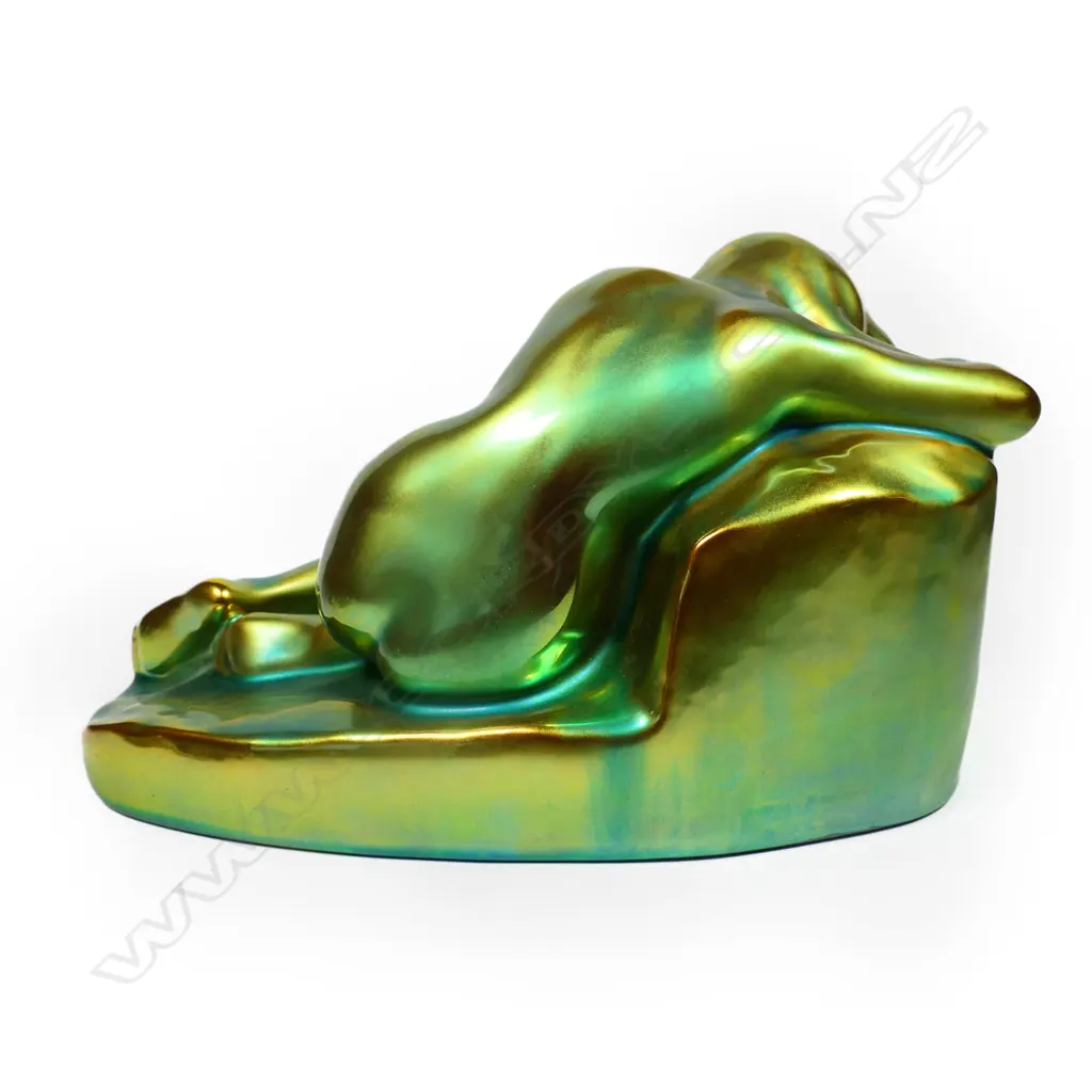 A Hungarian Zsolnay iridescent green glazed naked woman figure, Image 1++