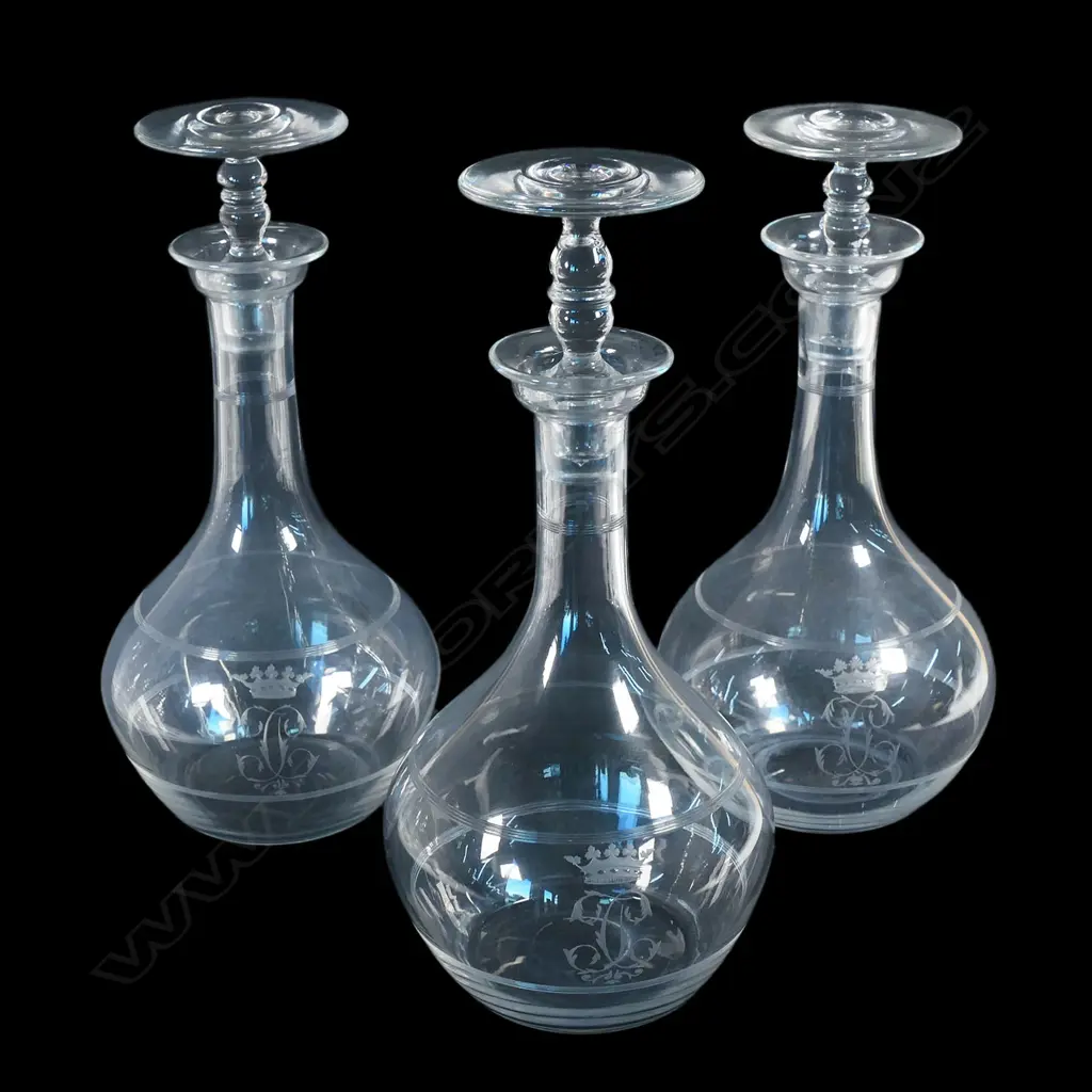 Three early 20thC glass decanters, each etched with a ducal coronet and monogram, Image 1++