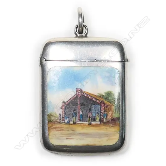 A late Victorian silver and Māori whare enamelled vesta,