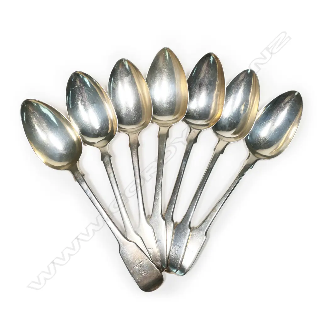 Seven Irish and English 19thC silver fiddle pattern tablespoons, Image 1++