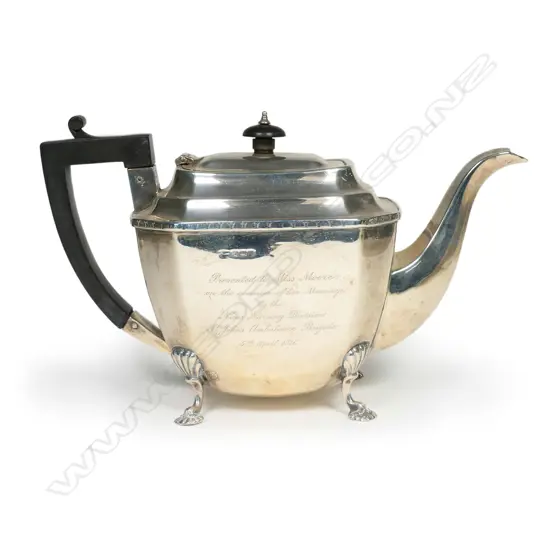 A George V silver teapot, lozenge shape,