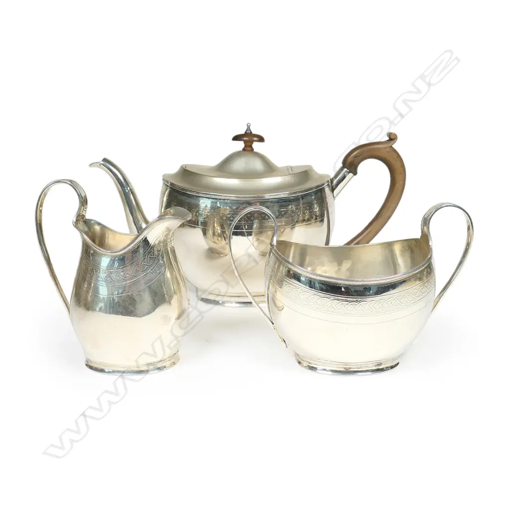 A Georgian Revival silver three-piece tea set, Birmingham 1919 by Horace Woodward & Co. Ltd., Image 1++