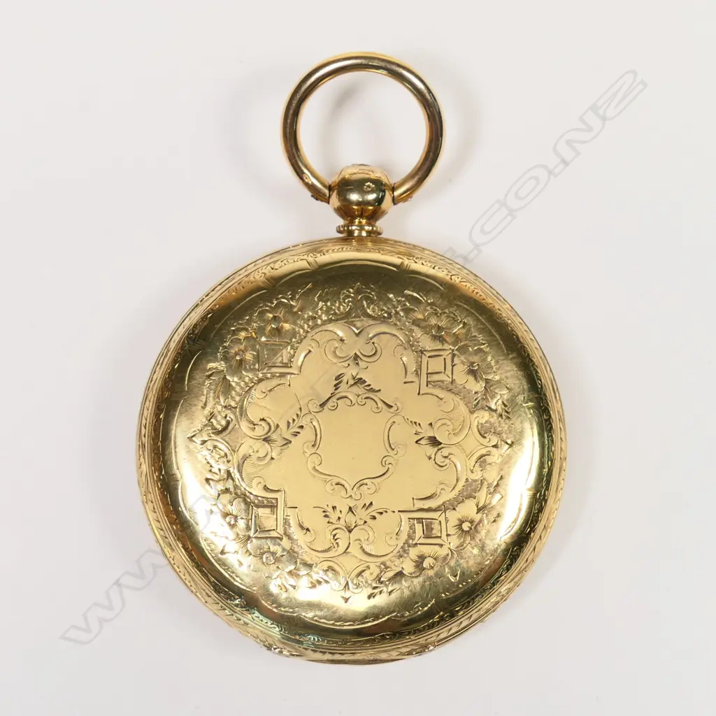 A 19thC 18ct gold open face pocket watch, in box, Image 1++