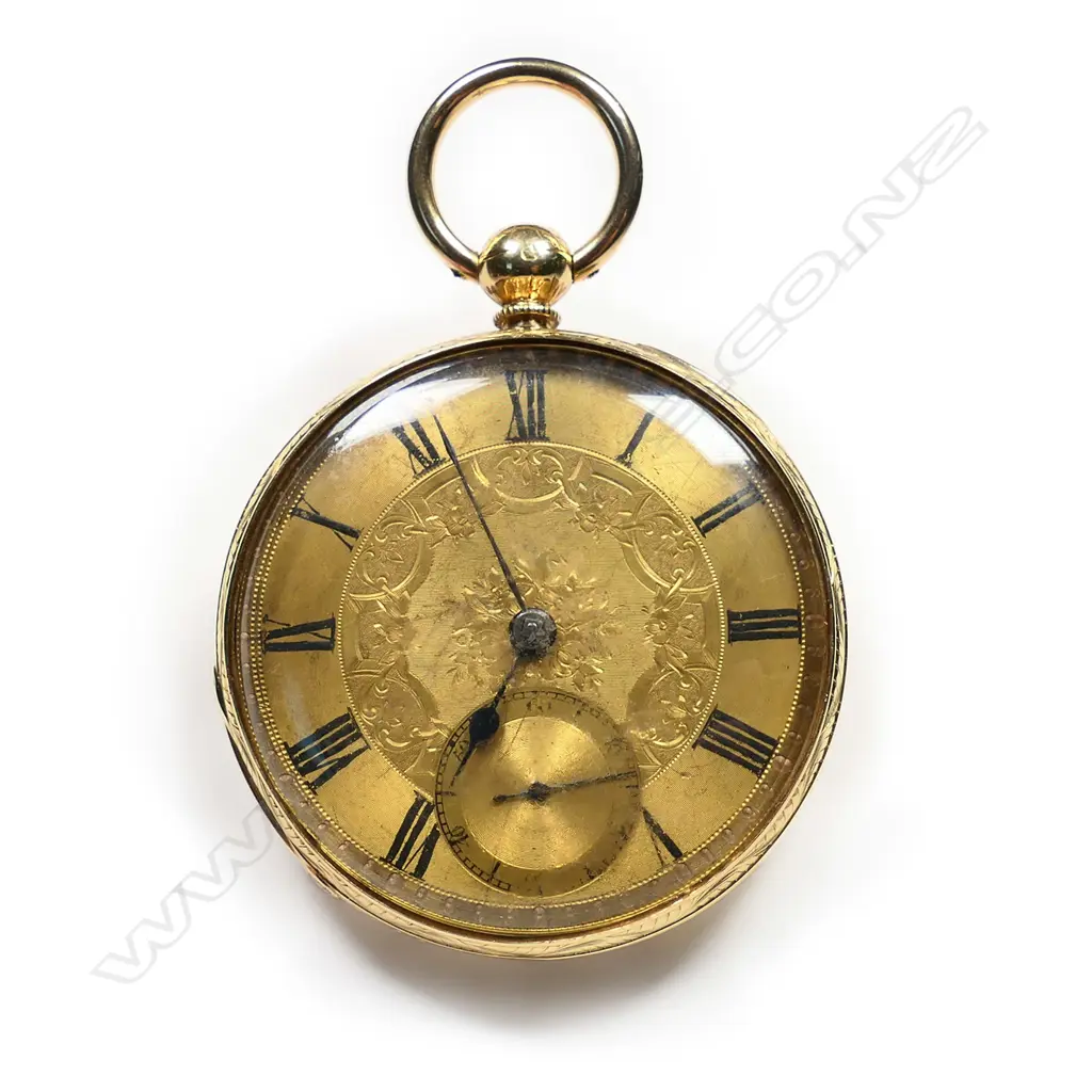 A 19thC 18ct gold open face pocket watch, in box, Image 1++