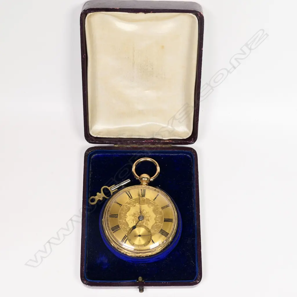 A 19thC 18ct gold open face pocket watch, in box, Image 1++