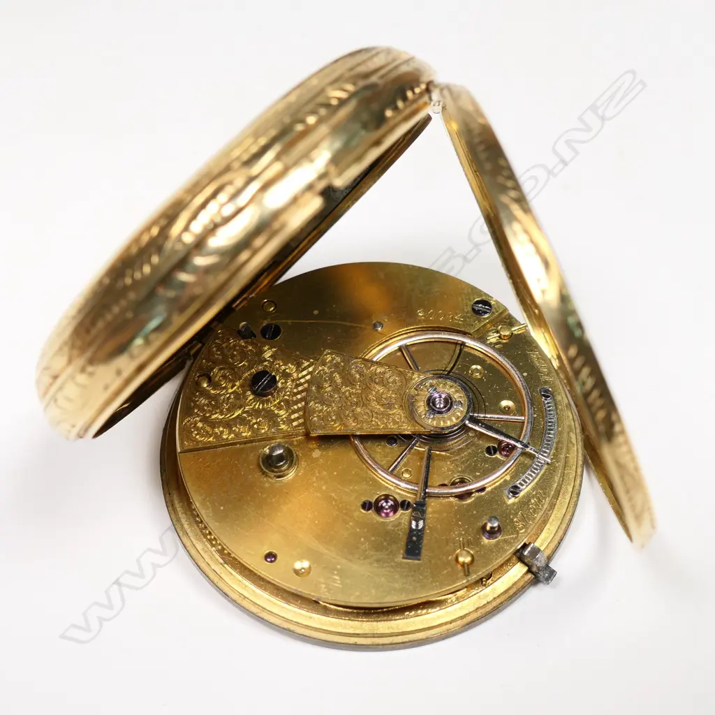 A 19thC 18ct gold open face pocket watch, in box, Image 1++