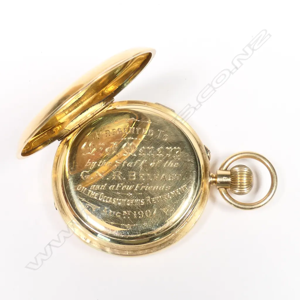 An 18ct gold hunter case pocket watch, by Sharman D Neill, Belfast, in original named box, Image 1++
