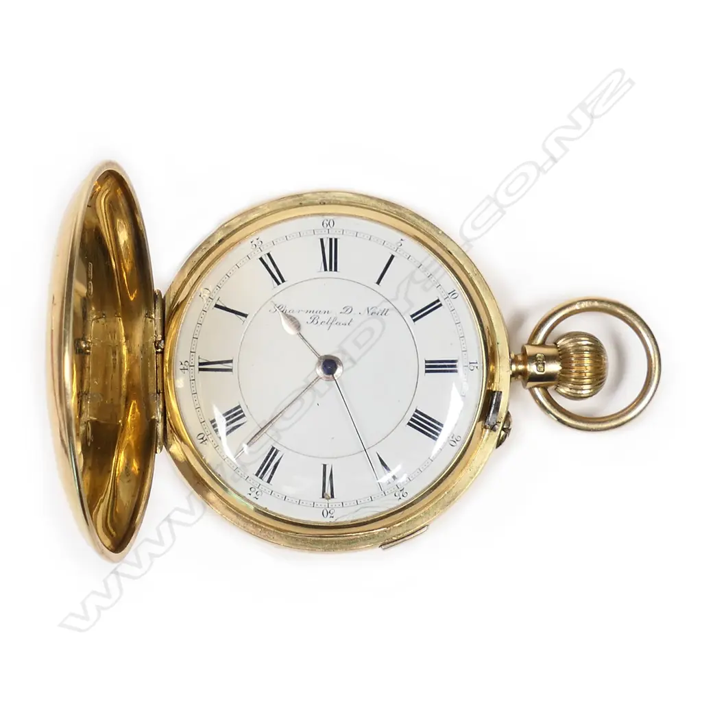 An 18ct gold hunter case pocket watch, by Sharman D Neill, Belfast, in original named box, Image 1++