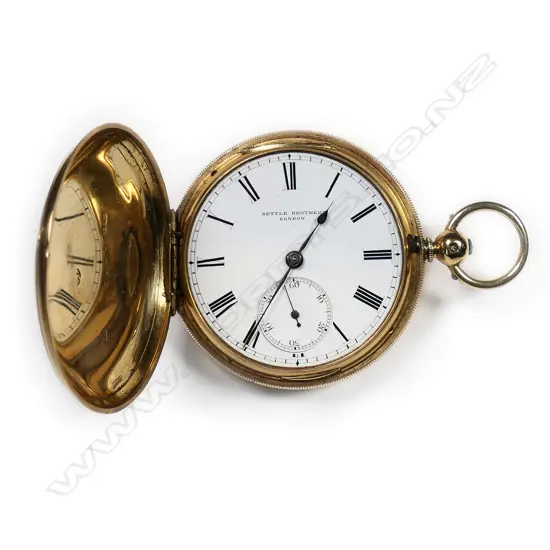 A 19thC 18ct gold hunter case pocket watch, by Settle Brothers, London,