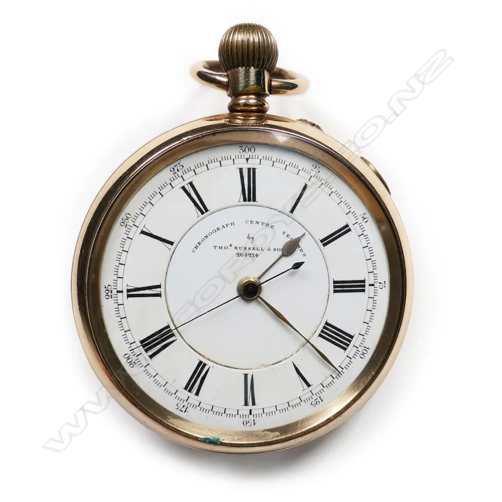 A late 19th/early 20thC gold plated open face centre seconds chronograph pocket watch, by Thomas Russell & Son, Liverpool, with box Image 1++
