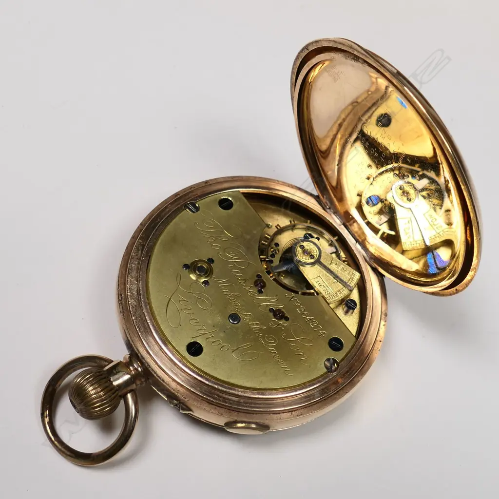 A late 19th/early 20thC gold plated open face centre seconds chronograph pocket watch, by Thomas Russell & Son, Liverpool, with box Image 1++