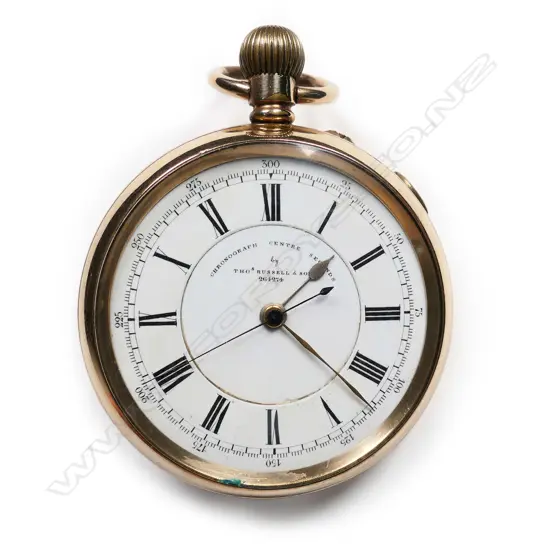 A late 19th/early 20thC gold plated open face centre seconds chronograph pocket watch, by Thomas Russell & Son, Liverpool, with box