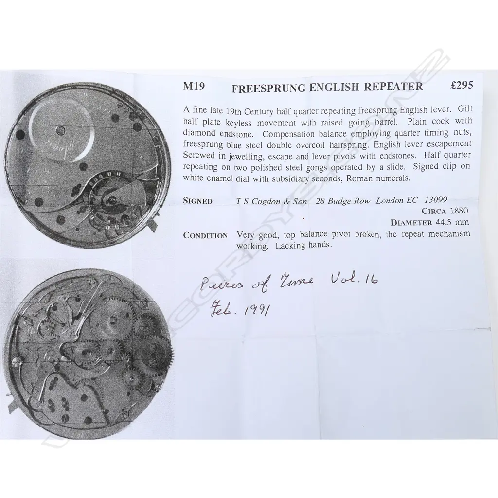 A half quarter repeating freesprung English lever movement by Cogdon, London,  c.1880 Image 1++