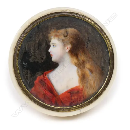A small ivory table box with a pre-Raphaelite portrait miniature set to the top,
