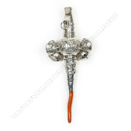 A Victorian silver and coral baby rattle,
