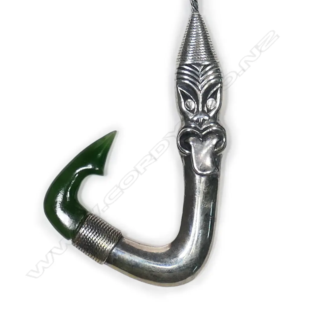 A Peter Mintern silver hei matau (fishhook) with greenstone carved barb Image 1++