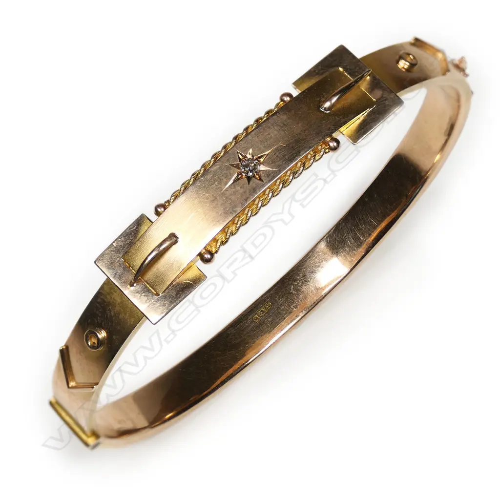 An Edwardian 9ct rose gold hinged snap bangle, Image 1++