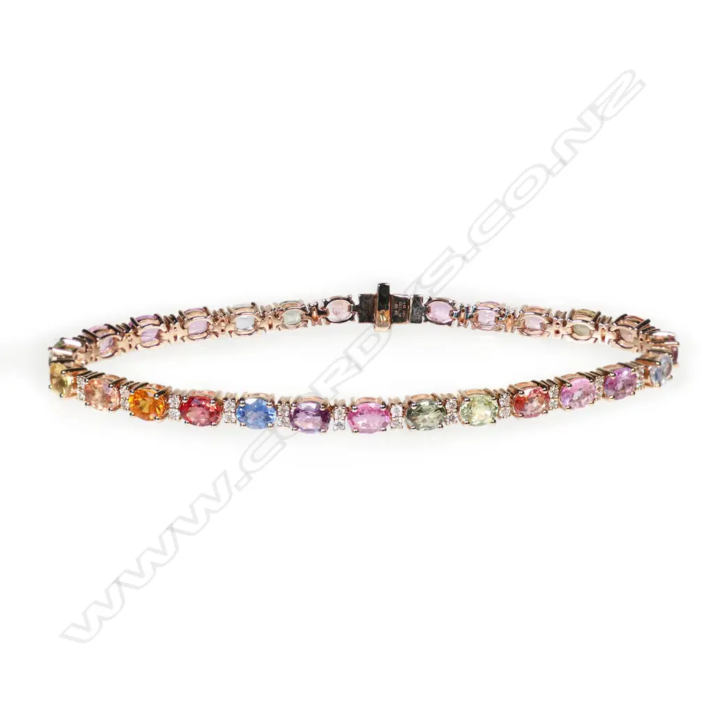 A 14ct rose gold, multi-coloured sapphire and diamond bracelet, Image 1++