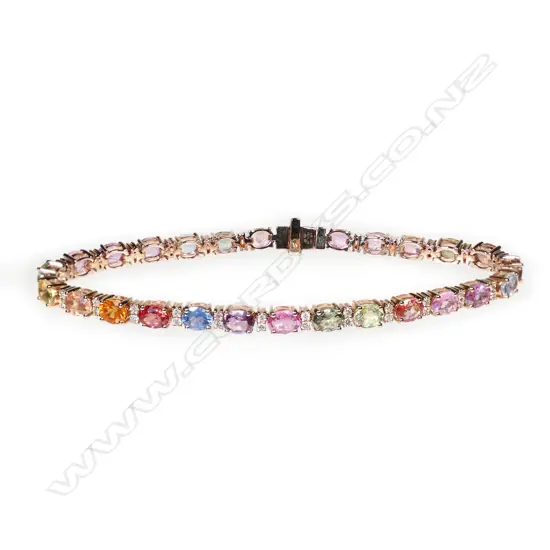 A 14ct rose gold, multi-coloured sapphire and diamond bracelet,
