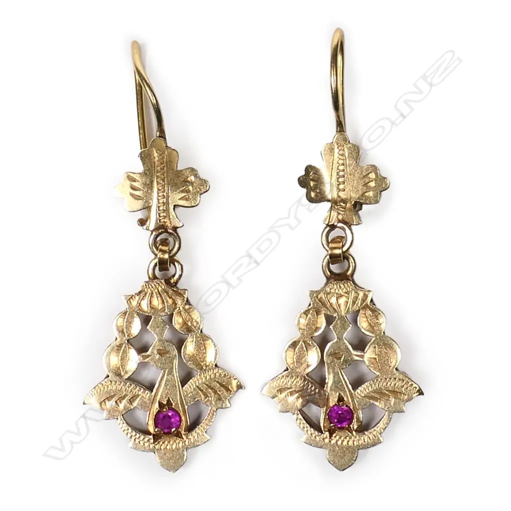 A pair of 22ct yellow gold and ruby drop earrings, Image 1++