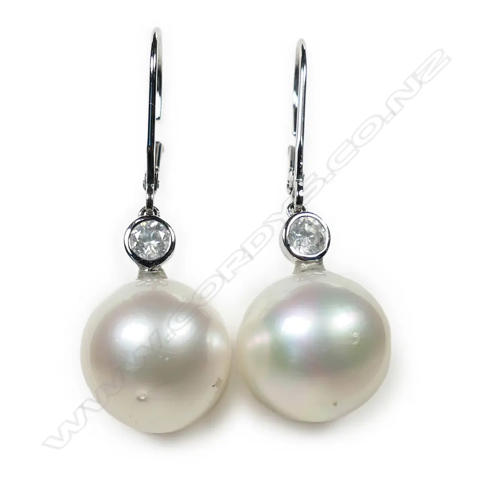 A pair of 14ct white gold cultured South Sea pearl drop earrings, Image 1++