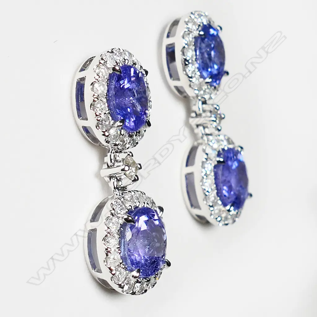 A pair of 14ct white gold, tanzanite and diamond double drop earrings, Image 1++
