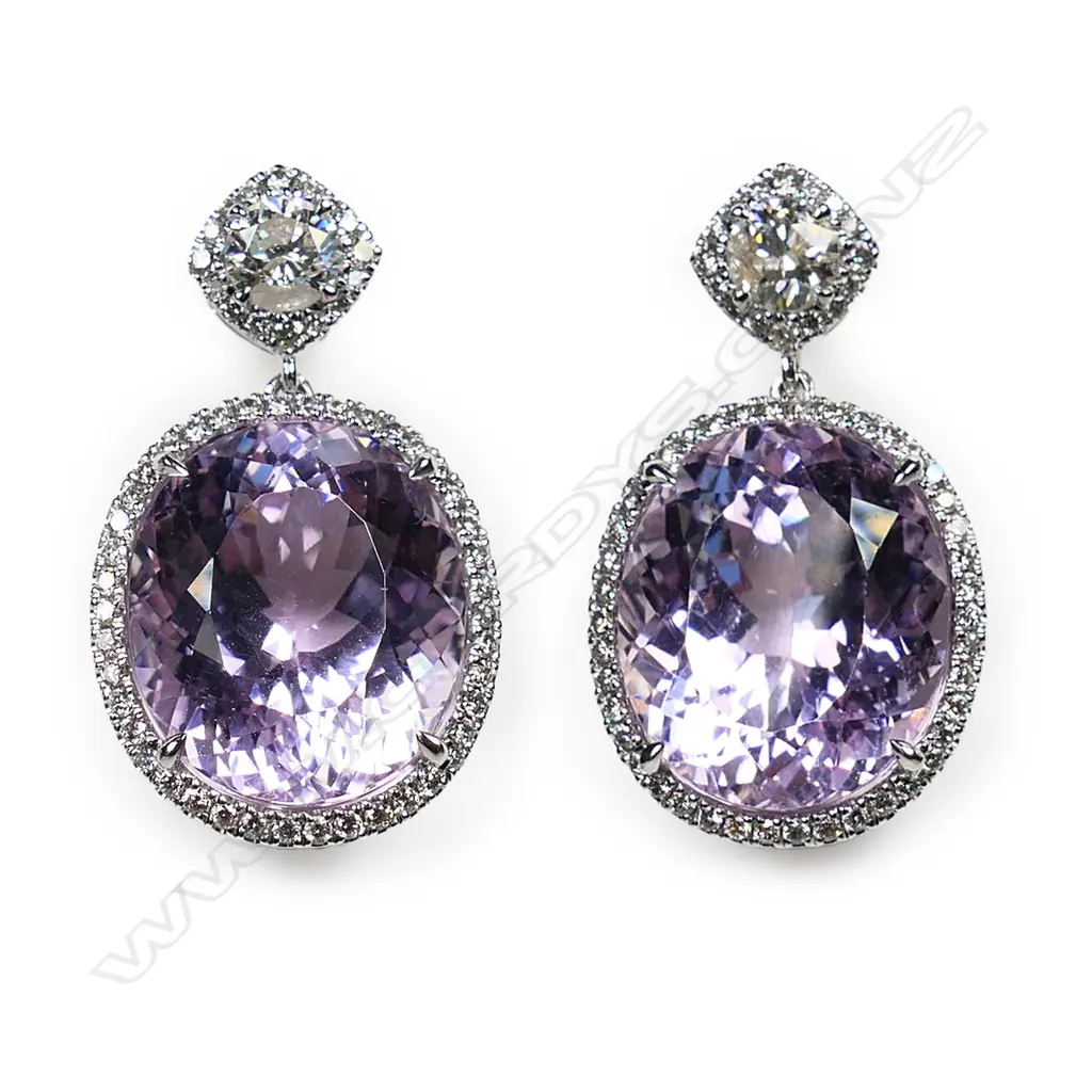 A pair of 14ct white gold, kunzite and diamond drop earrings, Image 1++